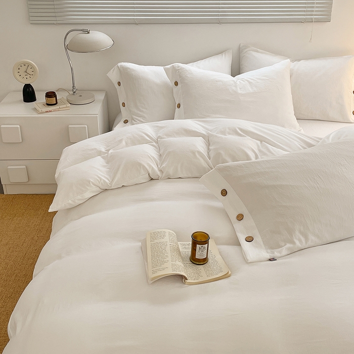 91家纺网 家纺一手货源 找家纺 yyds网供 2026新款A类仿汉麻棉麻纽扣款四件套复古水洗棉无印风三件套酒店民宿 纽扣月光白