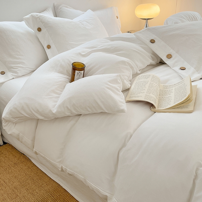 91家纺网 家纺一手货源 找家纺 yyds网供 2026新款A类仿汉麻棉麻纽扣款四件套复古水洗棉无印风三件套酒店民宿 纽扣月光白