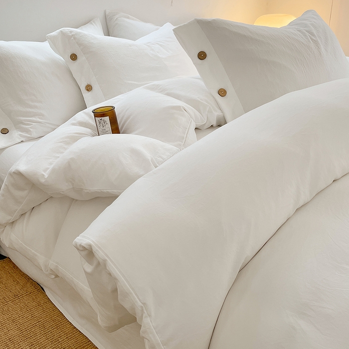 91家纺网 家纺一手货源 找家纺 yyds网供 2026新款A类仿汉麻棉麻纽扣款四件套复古水洗棉无印风三件套酒店民宿 纽扣月光白