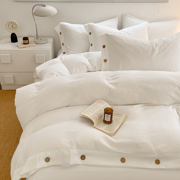 91家纺网 家纺一手货源 找家纺 yyds网供 2026新款A类仿汉麻棉麻纽扣款四件套复古水洗棉无印风三件套酒店民宿 纽扣月光白