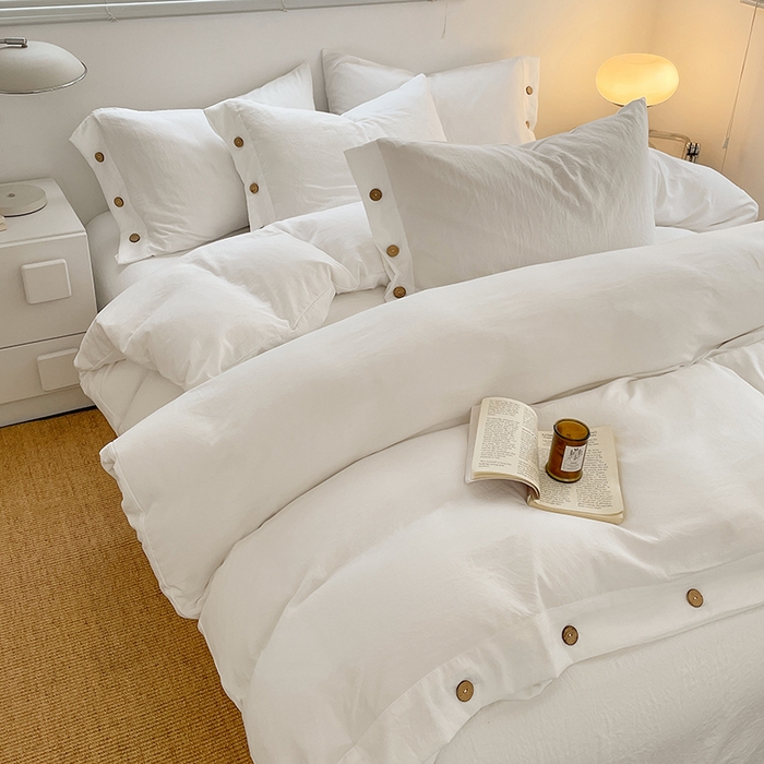 91家纺网 家纺一手货源 找家纺 yyds网供 2026新款A类仿汉麻棉麻纽扣款四件套复古水洗棉无印风三件套酒店民宿 纽扣月光白