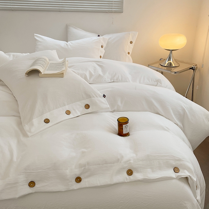 91家纺网 家纺一手货源 找家纺 yyds网供 2026新款A类仿汉麻棉麻纽扣款四件套复古水洗棉无印风三件套酒店民宿 纽扣月光白