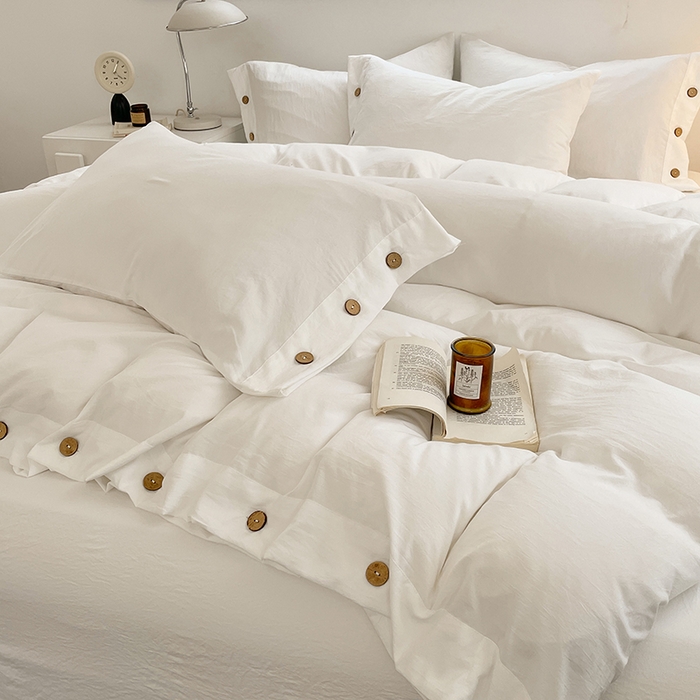 91家纺网 家纺一手货源 找家纺 yyds网供 2026新款A类仿汉麻棉麻纽扣款四件套复古水洗棉无印风三件套酒店民宿 纽扣月光白