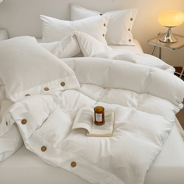 91家纺网 家纺一手货源 找家纺 yyds网供 2026新款A类仿汉麻棉麻纽扣款四件套复古水洗棉无印风三件套酒店民宿 纽扣月光白