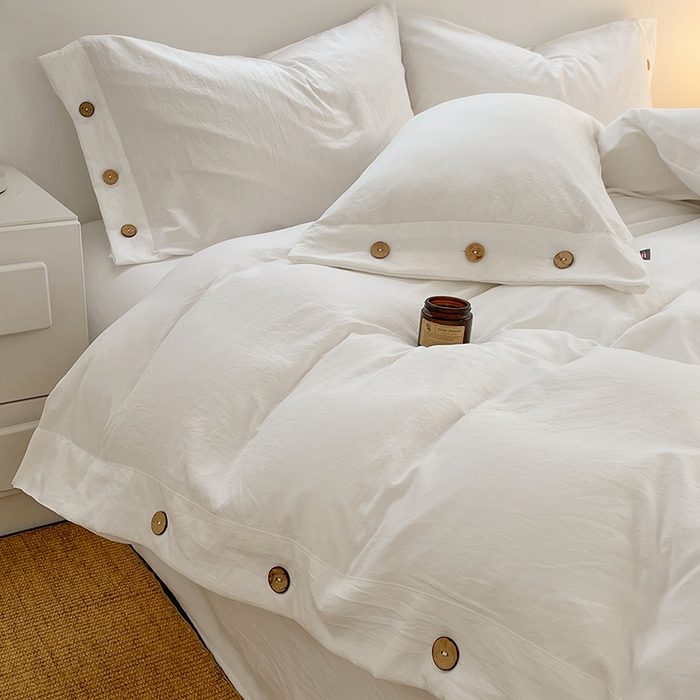 91家纺网 家纺一手货源 找家纺 yyds网供 2026新款A类仿汉麻棉麻纽扣款四件套复古水洗棉无印风三件套酒店民宿 纽扣月光白