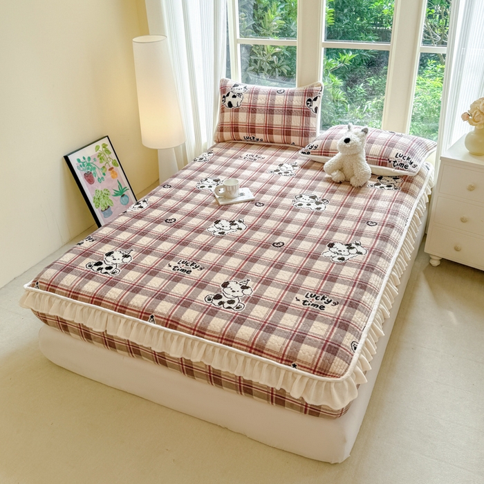 91家纺网 家纺一手货源 找家纺 欣宜家纺 2025秋冬新款韩版牛奶绒床笠法式花边床罩床垫保护套 乐奇