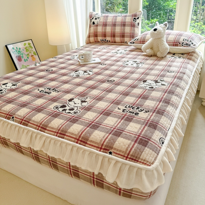 91家纺网 家纺一手货源 找家纺 欣宜家纺 2025秋冬新款韩版牛奶绒床笠法式花边床罩床垫保护套 乐奇