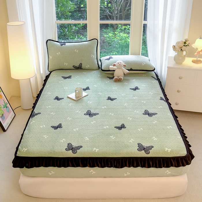 欣宜家纺 2025秋冬新款韩版牛奶绒床笠法式花边床罩床垫保护套 蕾丝蝴蝶