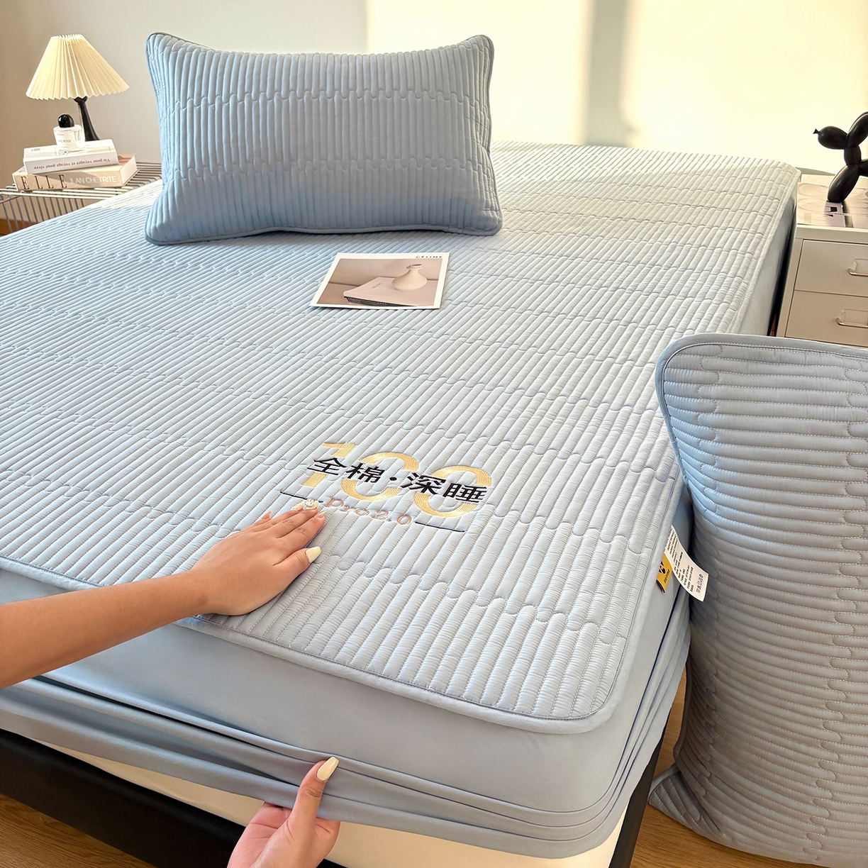 91家纺网 家纺一手货源 找家纺 居眠 2026新款卡米-100全棉深睡夹棉床笠 卡米-蓝