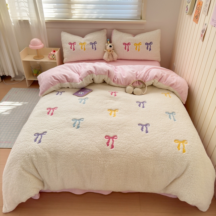 91家纺网 家纺一手货源 找家纺 （总）欣宜家纺 2025新款ins风200克羊羔绒毛巾绣牛奶绒四件套加厚保暖床单被套宿舍三件套