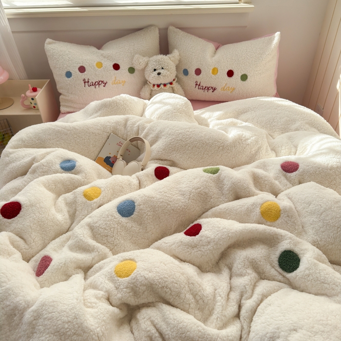 91家纺网 家纺一手货源 找家纺 欣宜家纺 2025新款ins风200克羊羔绒毛巾绣牛奶绒四件套加厚保暖床单被套宿舍三件套 彩虹豆