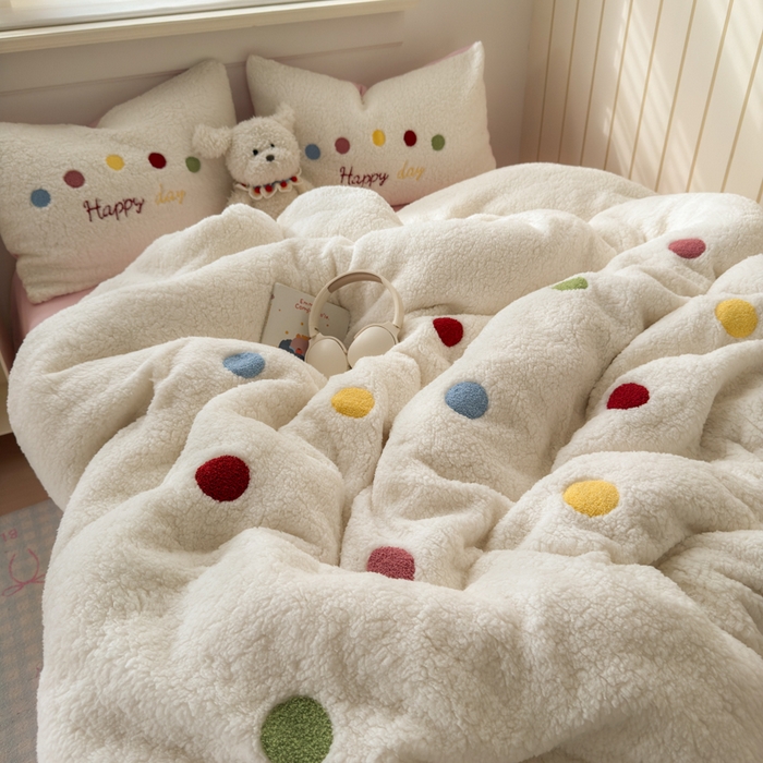 91家纺网 家纺一手货源 找家纺 欣宜家纺 2025新款ins风200克羊羔绒毛巾绣牛奶绒四件套加厚保暖床单被套宿舍三件套 彩虹豆