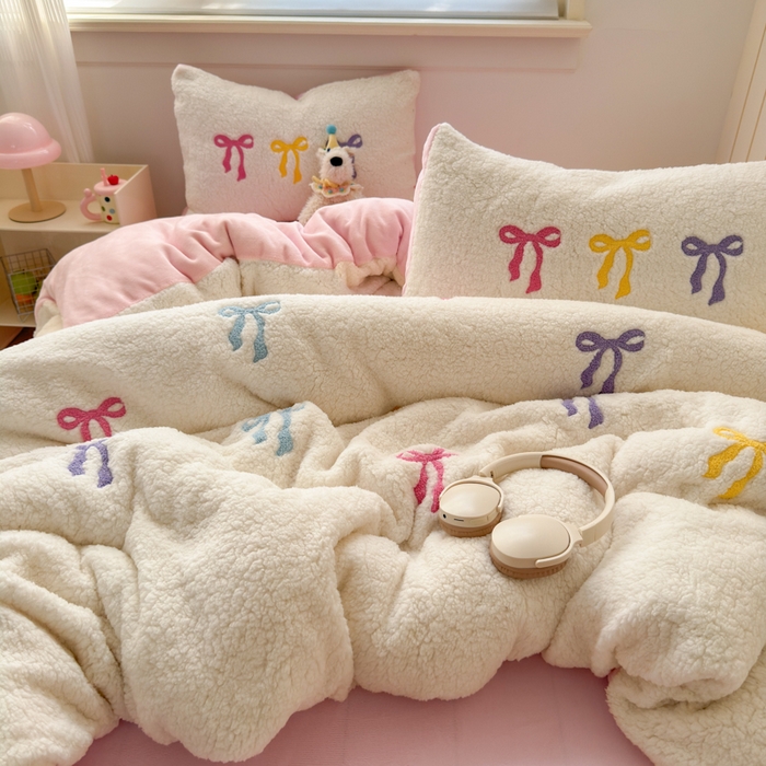 91家纺网 家纺一手货源 找家纺 欣宜家纺 2025新款ins风200克羊羔绒毛巾绣牛奶绒四件套加厚保暖床单被套宿舍三件套 粉黛佳人