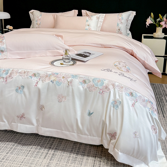 91家纺网 家纺一手货源 找家纺 （总）欣宜家纺 2026春夏新款A类60支长绒棉刺绣四件套--蝶纷飞系列