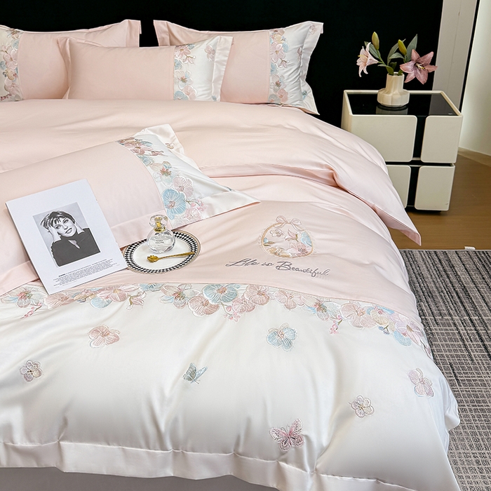 91家纺网 家纺一手货源 找家纺 （总）欣宜家纺 2026春夏新款A类60支长绒棉刺绣四件套--蝶纷飞系列