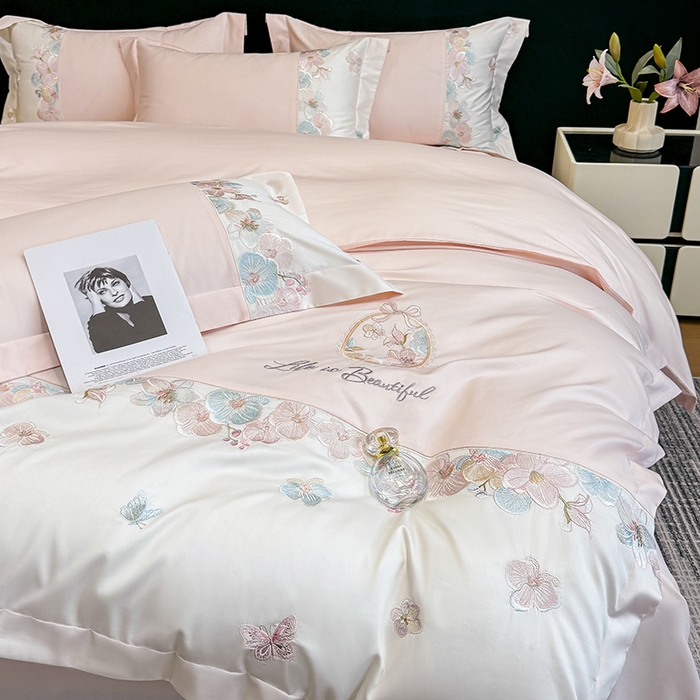 91家纺网 家纺一手货源 找家纺 （总）欣宜家纺 2026春夏新款A类60支长绒棉刺绣四件套--蝶纷飞系列