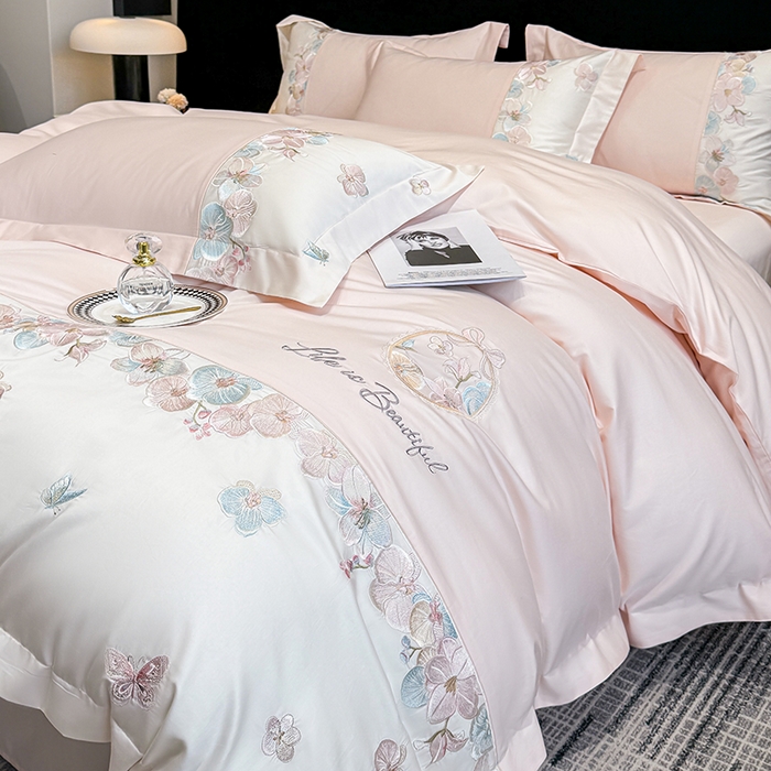 91家纺网 家纺一手货源 找家纺 （总）欣宜家纺 2026春夏新款A类60支长绒棉刺绣四件套--蝶纷飞系列