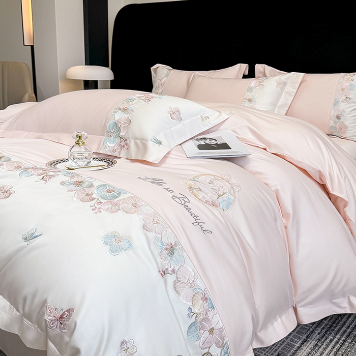 91家纺网 家纺一手货源 找家纺 （总）欣宜家纺 2026春夏新款A类60支长绒棉刺绣四件套--蝶纷飞系列