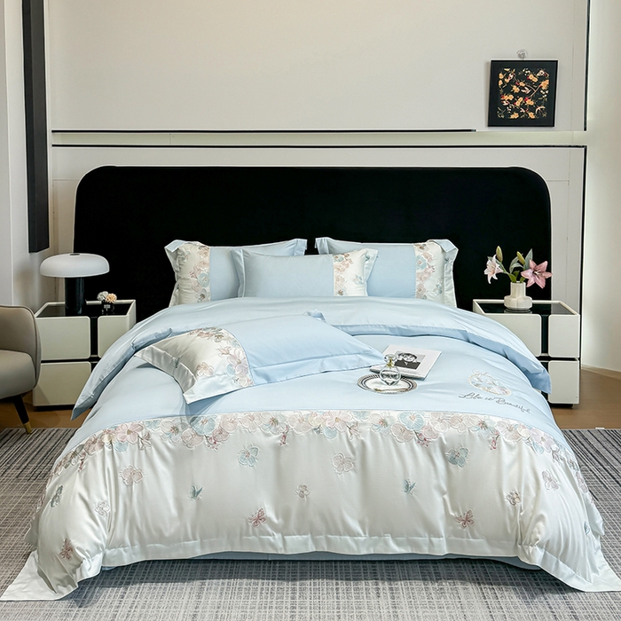 91家纺网 家纺一手货源 找家纺 （总）欣宜家纺 2026春夏新款A类60支长绒棉刺绣四件套--蝶纷飞系列