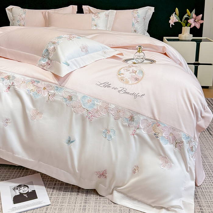 91家纺网 家纺一手货源 找家纺 欣宜家纺 2026春夏新款A类60支长绒棉刺绣四件套--蝶纷飞系列 蝶纷飞-粉