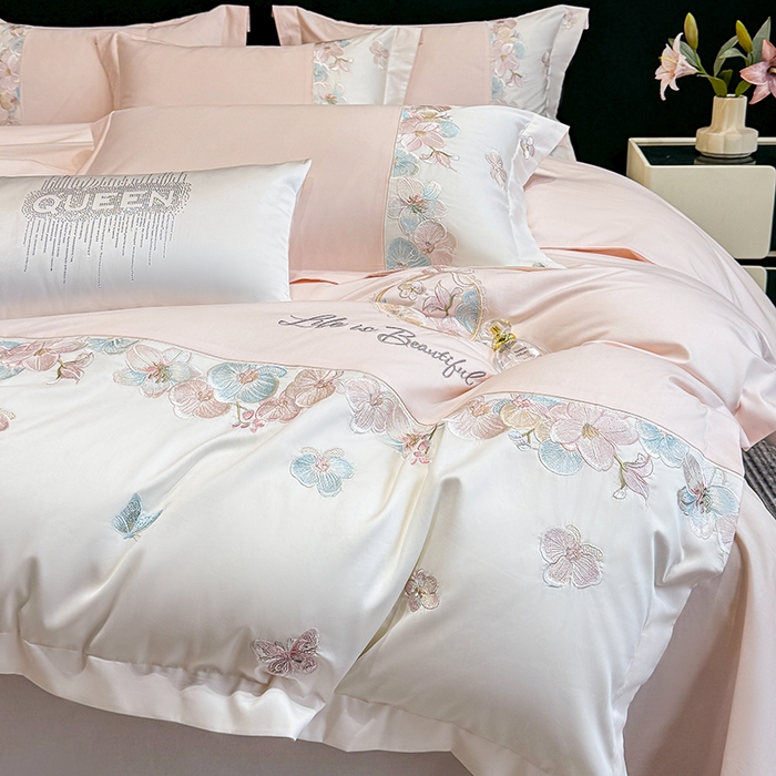 91家纺网 家纺一手货源 找家纺 欣宜家纺 2026春夏新款A类60支长绒棉刺绣四件套--蝶纷飞系列 蝶纷飞-粉