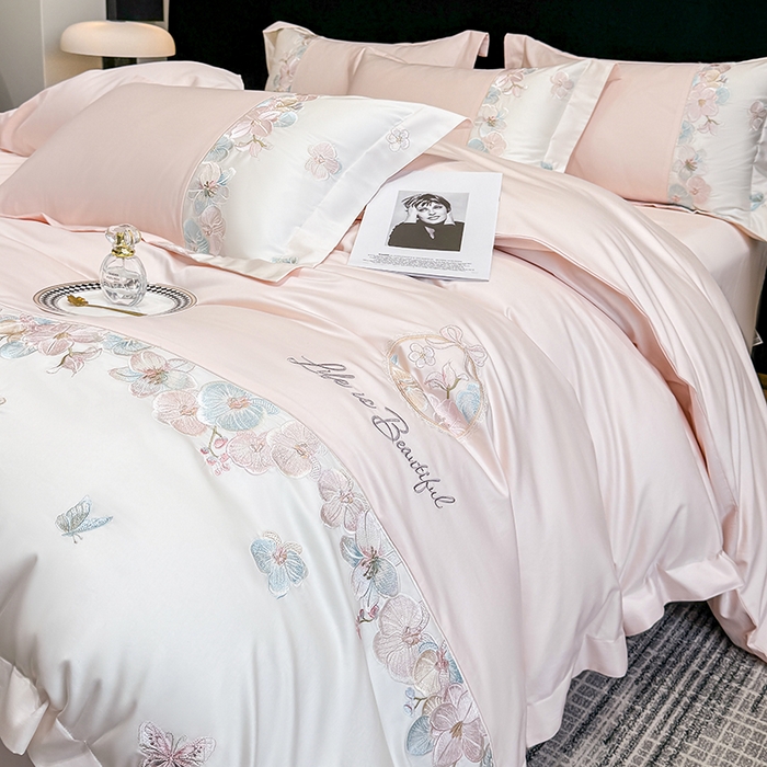 91家纺网 家纺一手货源 找家纺 欣宜家纺 2026春夏新款A类60支长绒棉刺绣四件套--蝶纷飞系列 蝶纷飞-粉