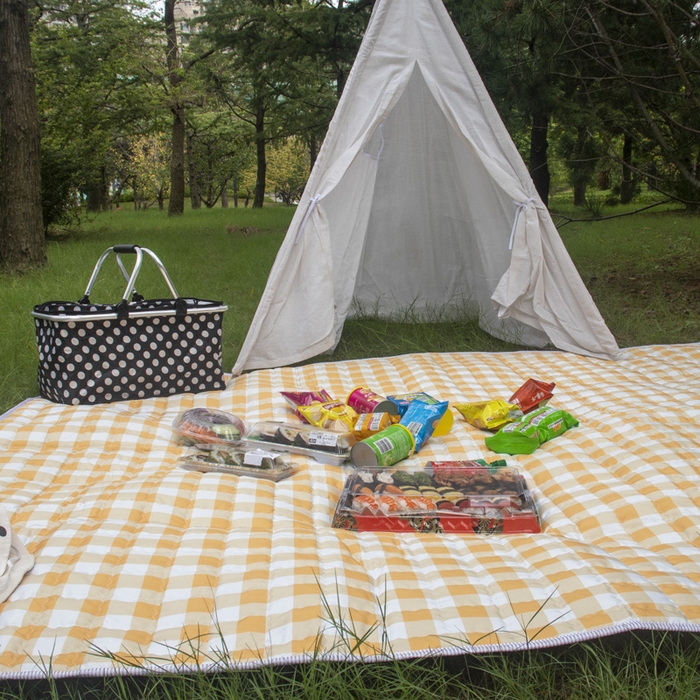 91家纺网 家纺一手货源 找家纺 欣宜家纺 2025新款ins风加厚绗缝防泼水野餐垫 黄白格