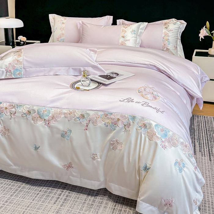 91家纺网 家纺一手货源 找家纺 欣宜家纺 2026春夏新款A类60支长绒棉刺绣四件套--蝶纷飞系列 蝶纷飞-紫