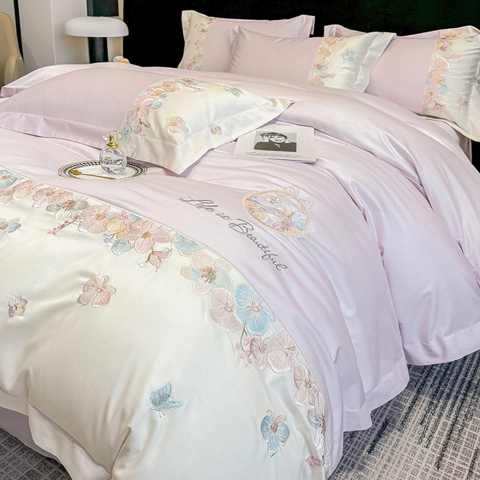 91家纺网 家纺一手货源 找家纺 欣宜家纺 2026春夏新款A类60支长绒棉刺绣四件套--蝶纷飞系列 蝶纷飞-紫