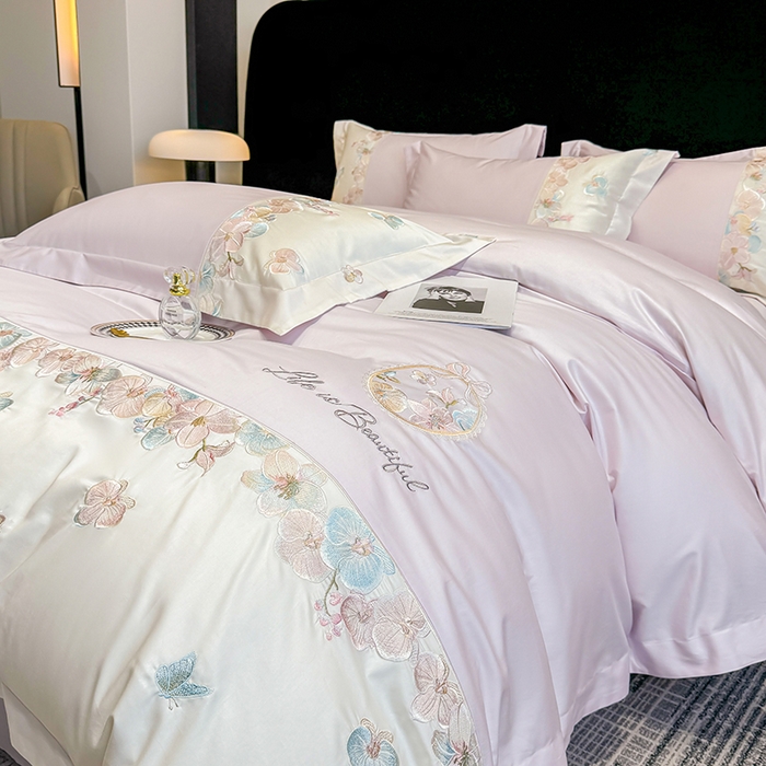 91家纺网 家纺一手货源 找家纺 欣宜家纺 2026春夏新款A类60支长绒棉刺绣四件套--蝶纷飞系列 蝶纷飞-紫