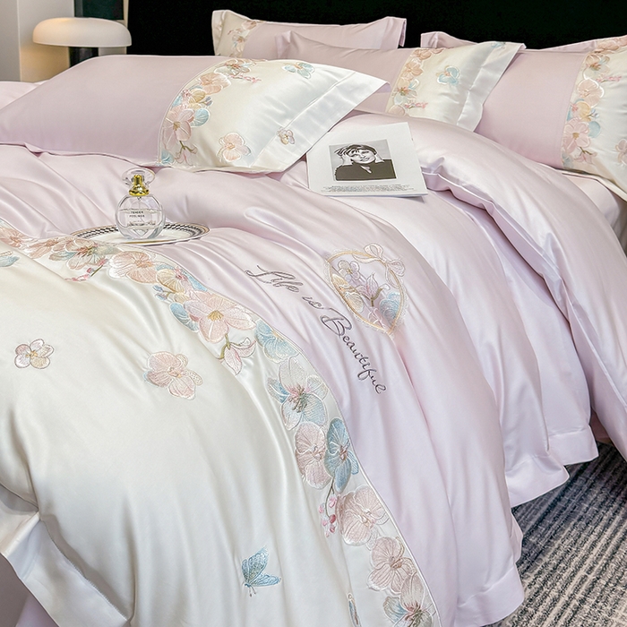 91家纺网 家纺一手货源 找家纺 欣宜家纺 2026春夏新款A类60支长绒棉刺绣四件套--蝶纷飞系列 蝶纷飞-紫