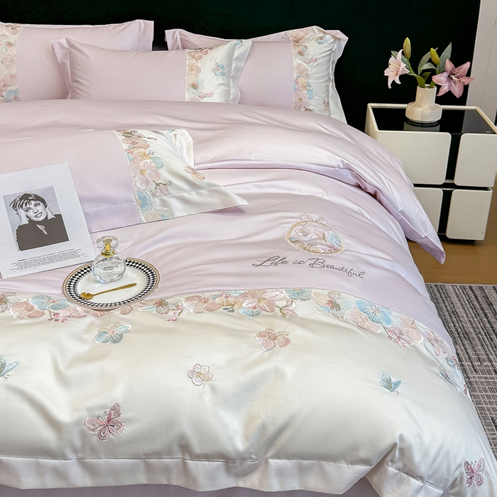 91家纺网 家纺一手货源 找家纺 欣宜家纺 2026春夏新款A类60支长绒棉刺绣四件套--蝶纷飞系列 蝶纷飞-紫