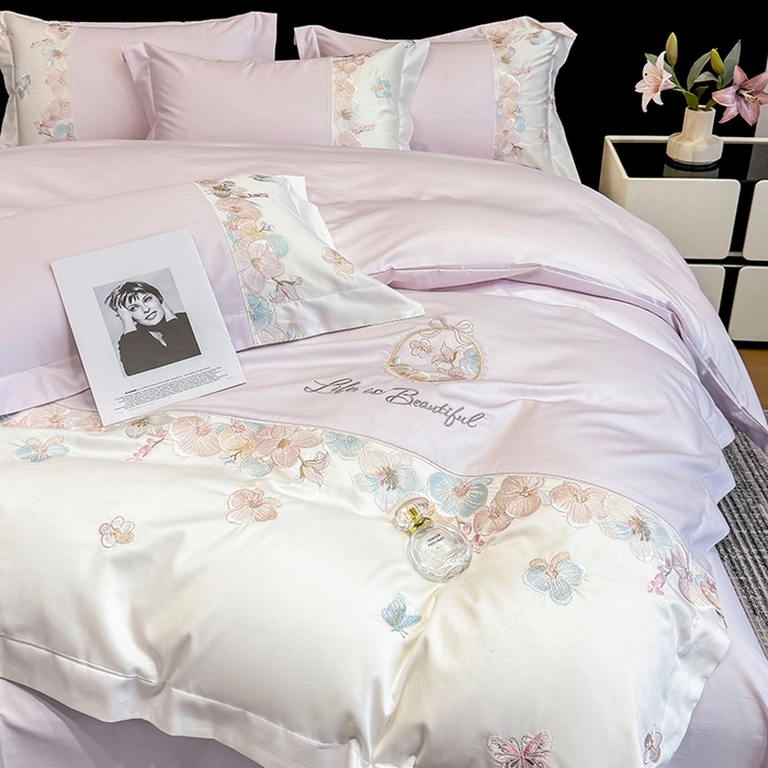 91家纺网 家纺一手货源 找家纺 欣宜家纺 2026春夏新款A类60支长绒棉刺绣四件套--蝶纷飞系列 蝶纷飞-紫