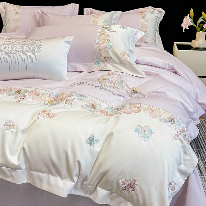 91家纺网 家纺一手货源 找家纺 欣宜家纺 2026春夏新款A类60支长绒棉刺绣四件套--蝶纷飞系列 蝶纷飞-紫