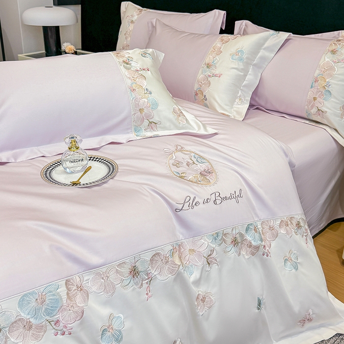 91家纺网 家纺一手货源 找家纺 欣宜家纺 2026春夏新款A类60支长绒棉刺绣四件套--蝶纷飞系列 蝶纷飞-紫