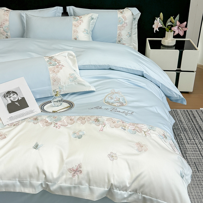 91家纺网 家纺一手货源 找家纺 欣宜家纺 2026春夏新款A类60支长绒棉刺绣四件套--蝶纷飞系列 蝶纷飞-蓝