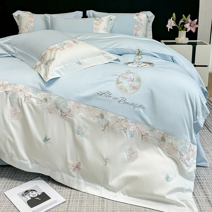 91家纺网 家纺一手货源 找家纺 欣宜家纺 2026春夏新款A类60支长绒棉刺绣四件套--蝶纷飞系列 蝶纷飞-蓝