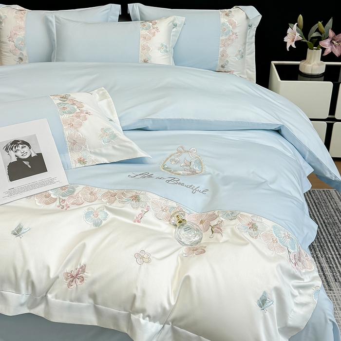 91家纺网 家纺一手货源 找家纺 欣宜家纺 2026春夏新款A类60支长绒棉刺绣四件套--蝶纷飞系列 蝶纷飞-蓝