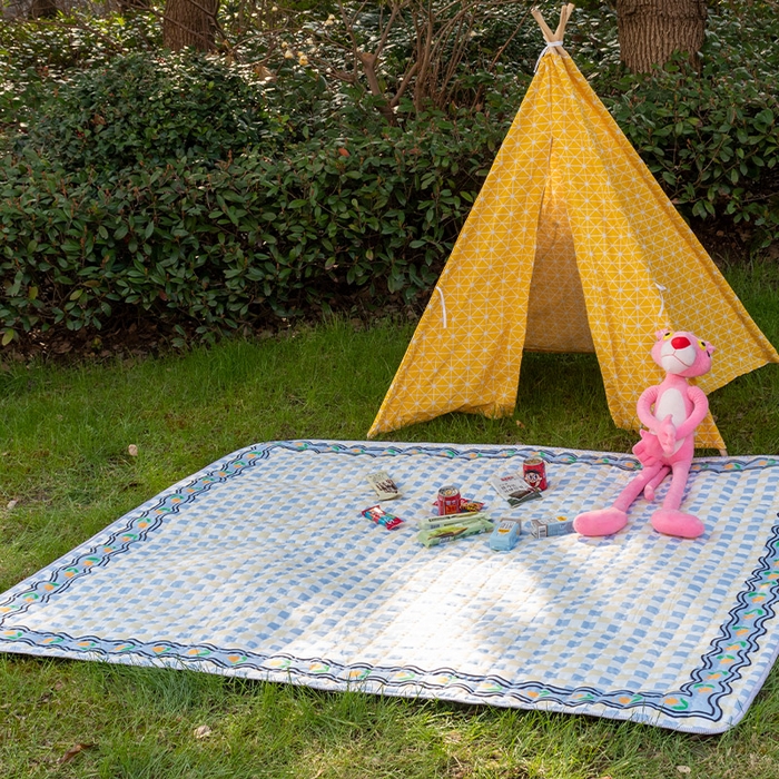 91家纺网 家纺一手货源 找家纺 欣宜家纺 2025新款ins风加厚绗缝防泼水野餐垫 黄蓝格