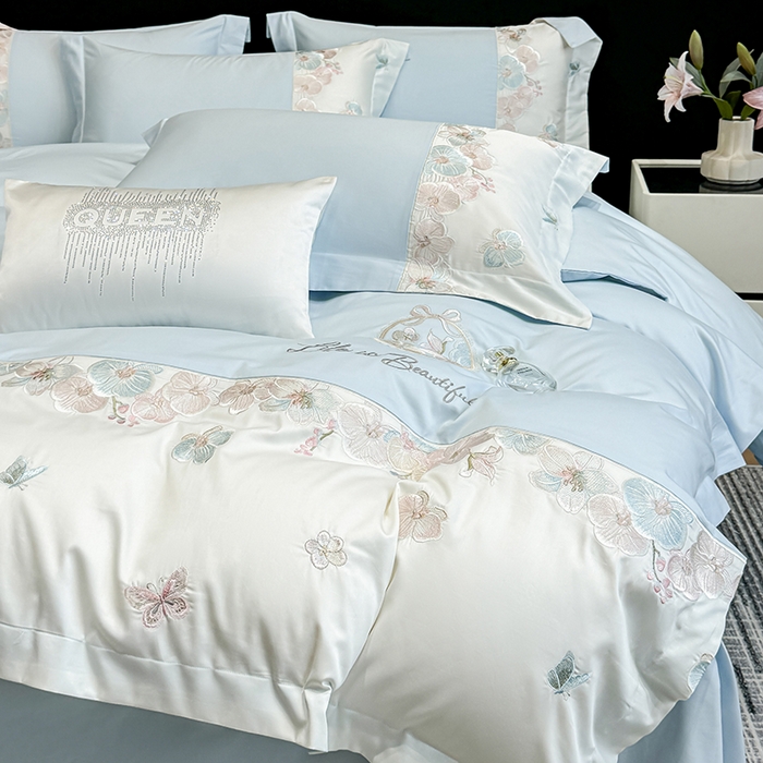 91家纺网 家纺一手货源 找家纺 欣宜家纺 2026春夏新款A类60支长绒棉刺绣四件套--蝶纷飞系列 蝶纷飞-蓝