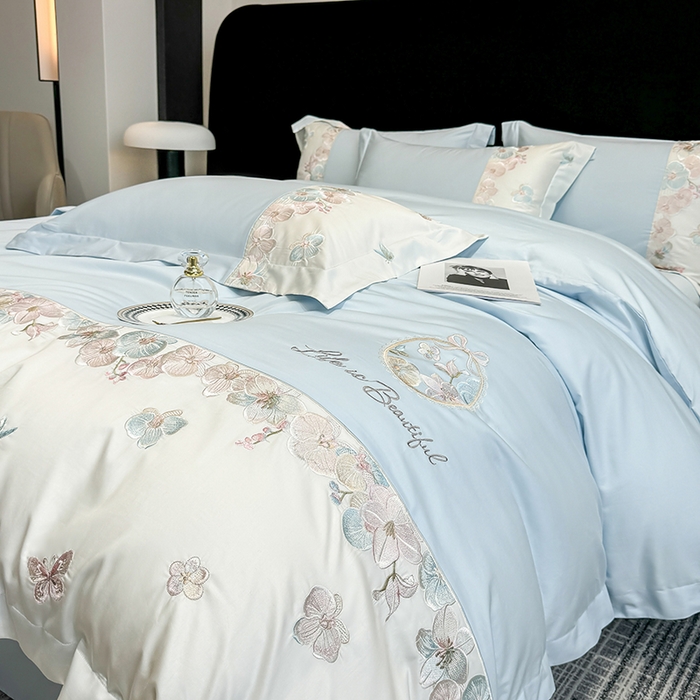 91家纺网 家纺一手货源 找家纺 欣宜家纺 2026春夏新款A类60支长绒棉刺绣四件套--蝶纷飞系列 蝶纷飞-蓝