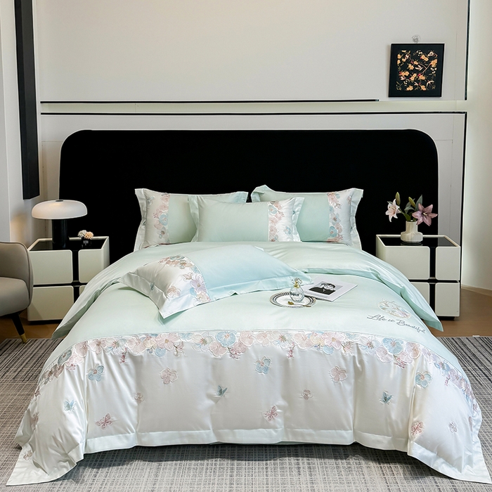 欣宜家纺 2026春夏新款A类60支长绒棉刺绣四件套--蝶纷飞系列 蝶纷飞-绿