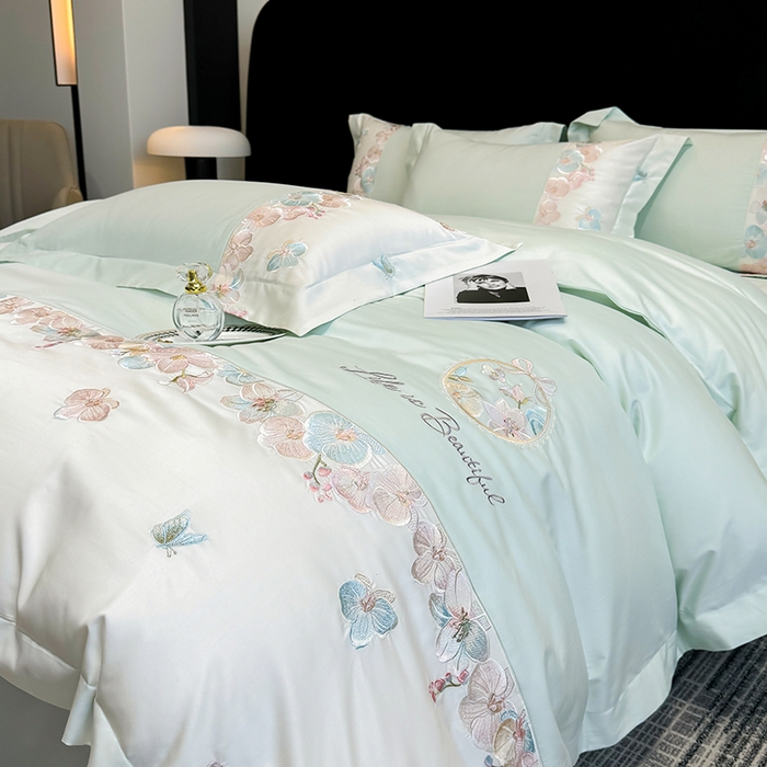 91家纺网 家纺一手货源 找家纺 欣宜家纺 2026春夏新款A类60支长绒棉刺绣四件套--蝶纷飞系列 蝶纷飞-绿