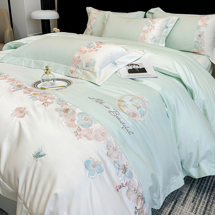 91家纺网 家纺一手货源 找家纺 欣宜家纺 2026春夏新款A类60支长绒棉刺绣四件套--蝶纷飞系列 蝶纷飞-绿