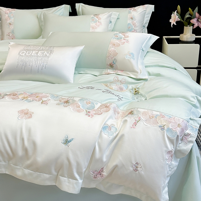 91家纺网 家纺一手货源 找家纺 欣宜家纺 2026春夏新款A类60支长绒棉刺绣四件套--蝶纷飞系列 蝶纷飞-绿