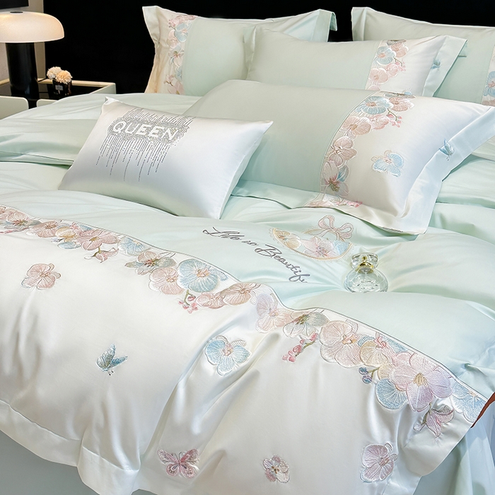 91家纺网 家纺一手货源 找家纺 欣宜家纺 2026春夏新款A类60支长绒棉刺绣四件套--蝶纷飞系列 蝶纷飞-绿