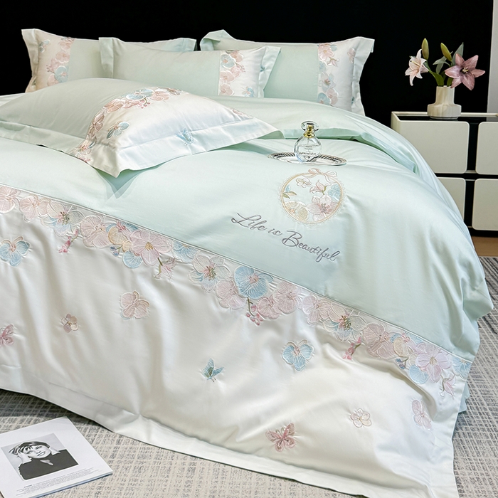 91家纺网 家纺一手货源 找家纺 欣宜家纺 2026春夏新款A类60支长绒棉刺绣四件套--蝶纷飞系列 蝶纷飞-绿