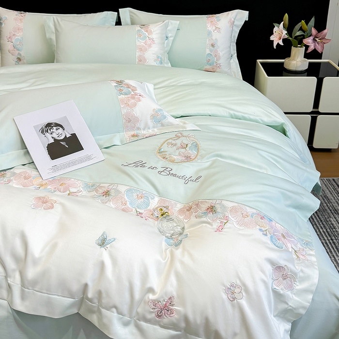 91家纺网 家纺一手货源 找家纺 欣宜家纺 2026春夏新款A类60支长绒棉刺绣四件套--蝶纷飞系列 蝶纷飞-绿