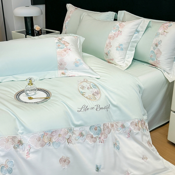 91家纺网 家纺一手货源 找家纺 欣宜家纺 2026春夏新款A类60支长绒棉刺绣四件套--蝶纷飞系列 蝶纷飞-绿