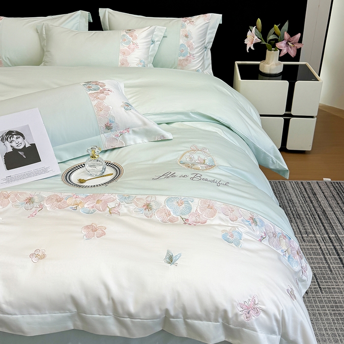 91家纺网 家纺一手货源 找家纺 欣宜家纺 2026春夏新款A类60支长绒棉刺绣四件套--蝶纷飞系列 蝶纷飞-绿